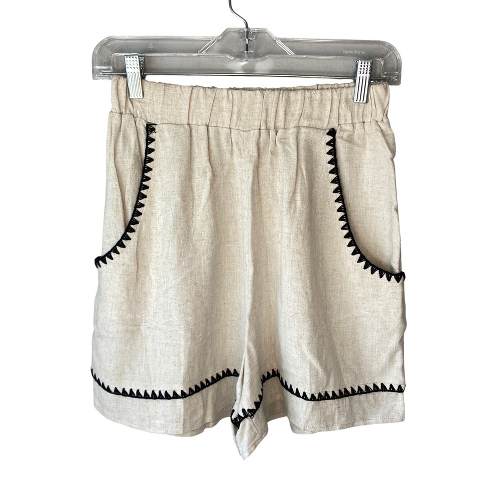 Apricot Beige Linen Blend Whipstitch Embroidered High Waist Shorts Womens Size 6